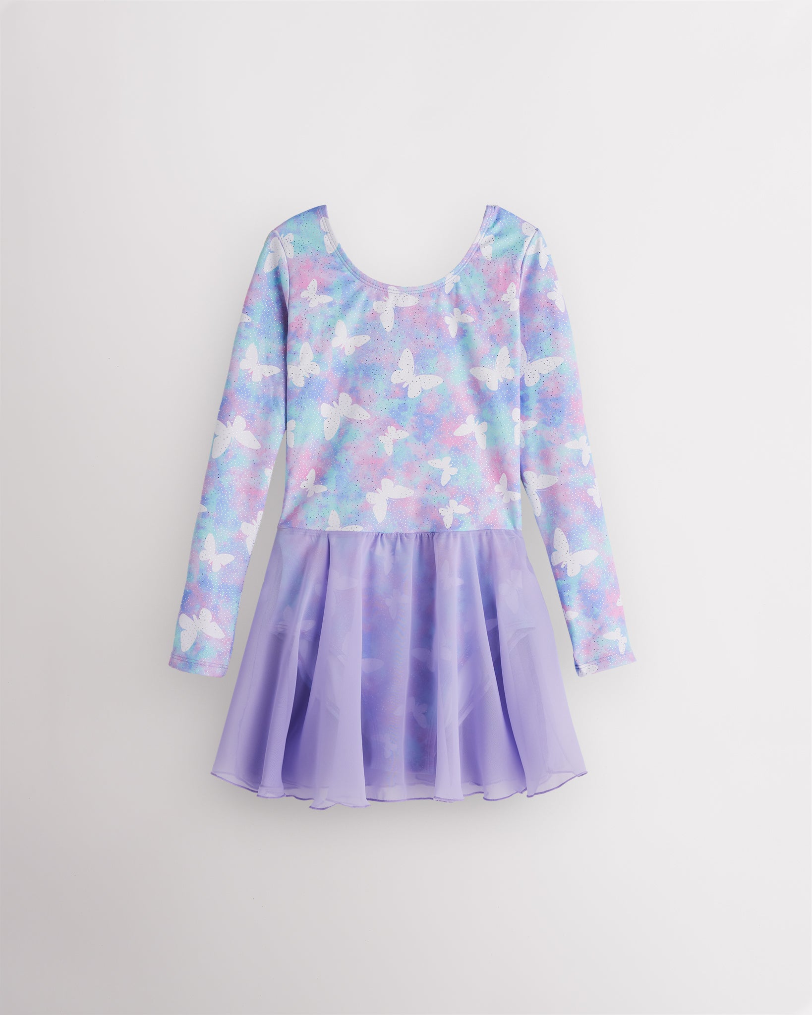 Magic Flutter girls long sleeve ballet dress with shimmering butterfly print, round neckline, fitted bodice, and attached lavender lightweight skirt.