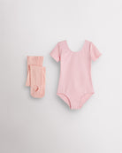 Ballet Pink short sleeve leotard with pink convertible dance tights laid flat for girls ballet and dance class.