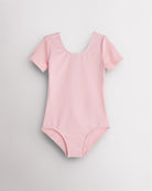 Ballet Pink leotard for girls with short sleeves, scoop neckline, and smooth performance fabric for ballet and dance.