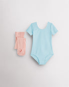 Blue short sleeve leotard with pink convertible dance tights laid flat for girls ballet and dance class.