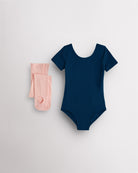 Navy short sleeve leotard with pink convertible dance tights laid flat for girls ballet and dance class.