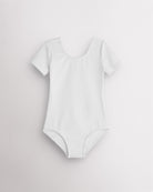 White leotard for girls with short sleeves, scoop neckline, and smooth performance fabric for ballet and dance.