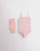 Ballet Pink girls camisole leotard with pink convertible dance tights laid flat for ballet and dance class.