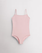 Ballet Pink girls camisole leotard with adjustable spaghetti straps, front lining, and smooth performance fabric.