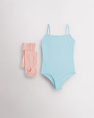 Blue girls camisole leotard with pink convertible dance tights laid flat for ballet and dance class.