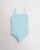 Blue girls camisole leotard with adjustable spaghetti straps, front lining, and smooth performance fabric.