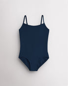 Navy girls camisole leotard with adjustable spaghetti straps, front lining, and smooth performance fabric.