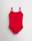 Red girls camisole leotard with adjustable spaghetti straps, front lining, and smooth performance fabric.