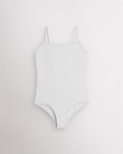 White girls camisole leotard with adjustable spaghetti straps, front lining, and smooth performance fabric.
