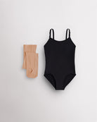 Black camisole leotard for girls with tan convertible tights laid flat for ballet, dance, and costume layering.