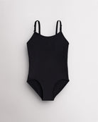 Black seamless camisole girls leotard with scoop neckline, adjustable straps, and smooth ballet base-layer design.