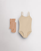 Light Nude camisole leotard for girls with tan convertible tights laid flat for ballet, dance, and costume layering.