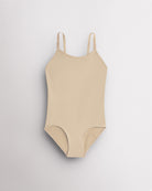 Light Nude seamless camisole girls leotard with scoop neckline, adjustable straps, and smooth ballet base-layer design.