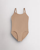 Nude seamless camisole girls leotard with scoop neckline, adjustable straps, and smooth ballet base-layer design.