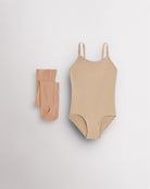 Rose Beige camisole leotard for girls with tan convertible tights laid flat for ballet, dance, and costume layering.