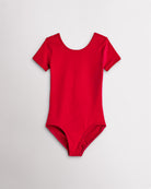 Girls cherry short sleeve leotard with scoop neckline and fitted stretch design for dance and ballet.