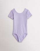 Girls lavender short sleeve leotard with scoop neckline and fitted stretch design for dance and ballet.