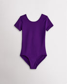 Girls purple short sleeve leotard with scoop neckline and fitted stretch design for dance and ballet.