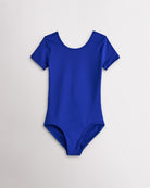 Girls royal blue short sleeve leotard with scoop neckline and fitted stretch design for dance and ballet.