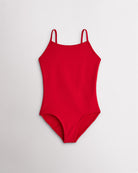 Girls cherry camisole leotard with adjustable straps and smooth stretch fabric for ballet and gymnastics.