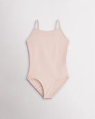 Girls nude camisole leotard with adjustable straps and smooth stretch fabric for ballet and gymnastics.