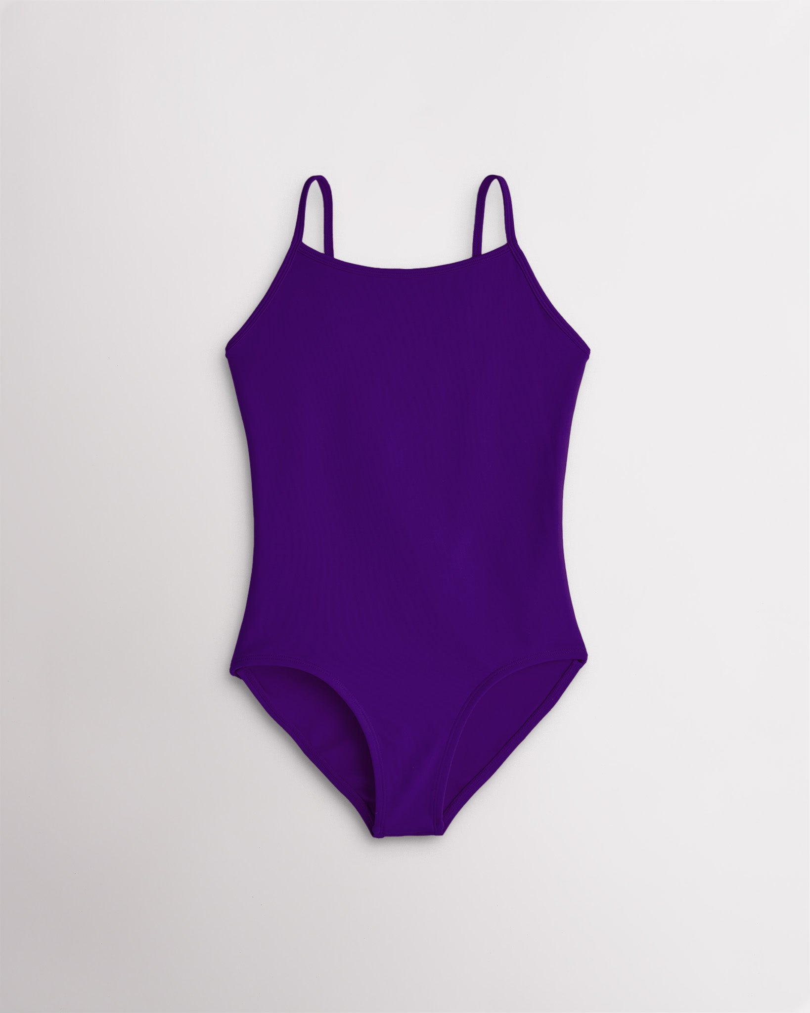 Girls purple camisole leotard with adjustable straps and smooth stretch fabric for ballet and gymnastics.
