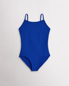 Girls royal blue camisole leotard with adjustable straps and smooth stretch fabric for ballet and gymnastics.