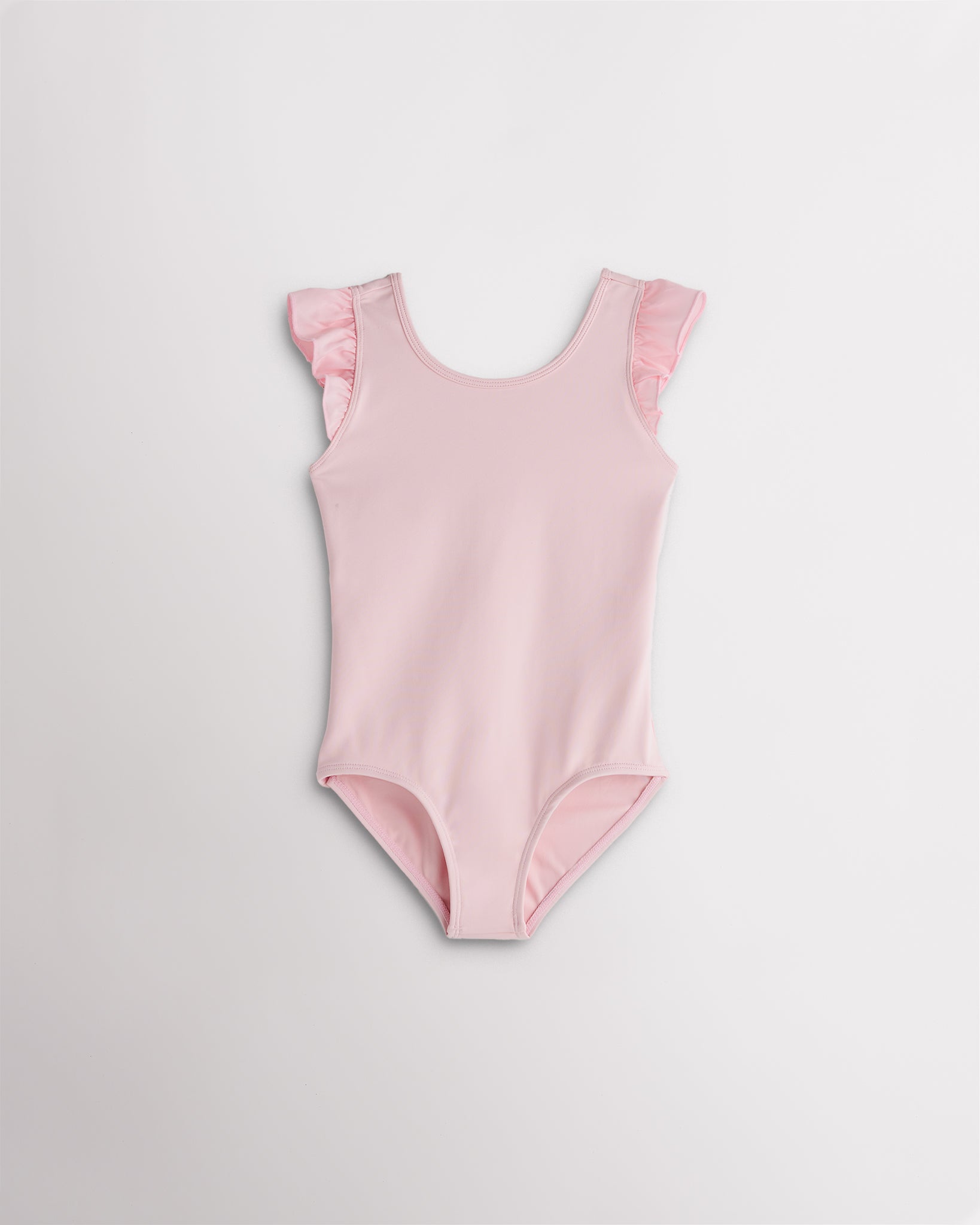 Girls ballet pink leotard with flutter chiffon sleeves, scoop neck, and full front lining for dance class.
