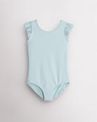 Blue Stelle girls leotard with flutter sleeves, scoop neckline, and fitted design for dance, gymnastics, and performance practice.