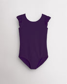 Purple Stelle girls leotard with flutter sleeves, scoop neckline, and fitted design for dance, gymnastics, and performance practice.