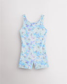 Butterfly Mist girls gymnastics unitard with built-in shorts, sleeveless tank design, round neckline, and playful in-house print.