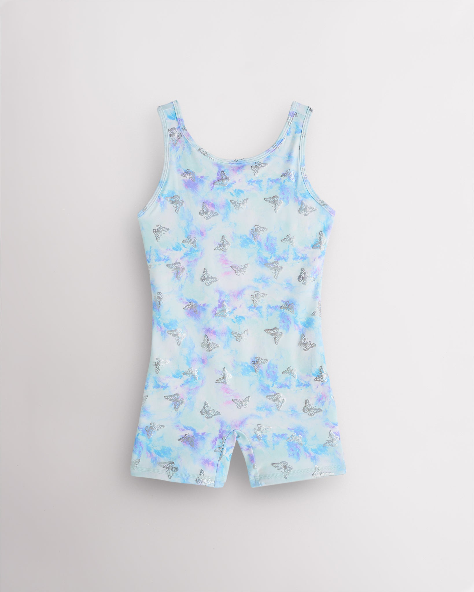 Butterfly Mist girls gymnastics unitard with built-in shorts, sleeveless tank design, round neckline, and playful in-house print.