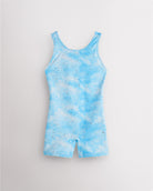 Cloudburst Blue girls gymnastics unitard with built-in shorts, sleeveless tank design, round neckline, and playful in-house print.