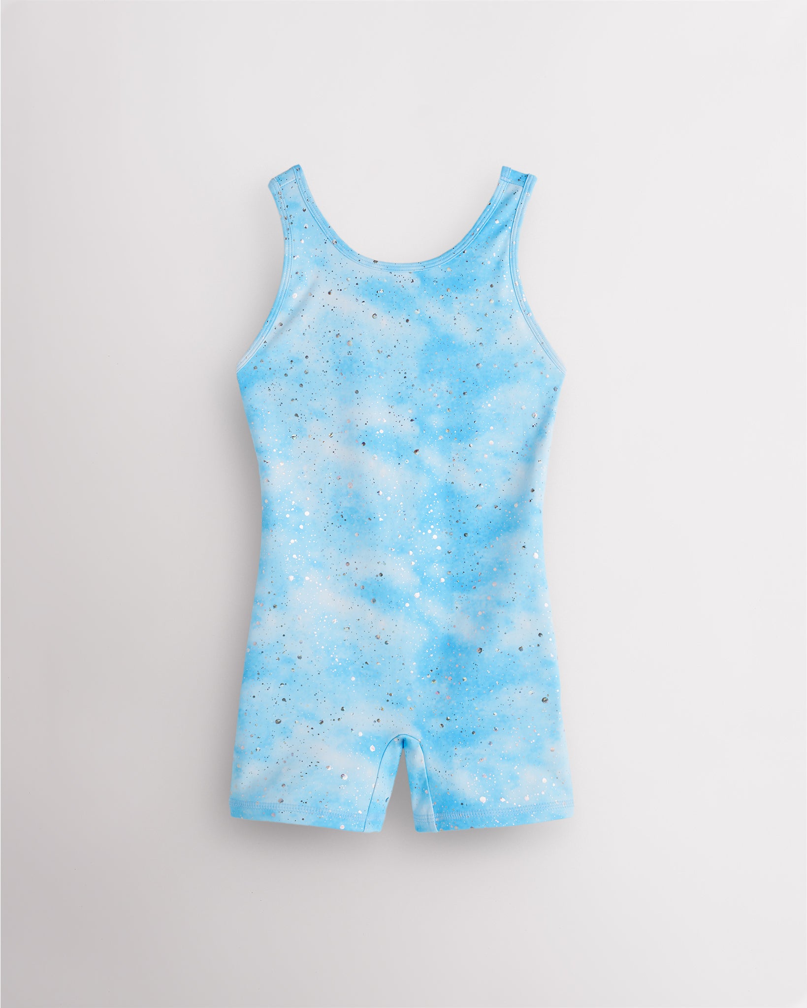 Cloudburst Blue girls gymnastics unitard with built-in shorts, sleeveless tank design, round neckline, and playful in-house print.