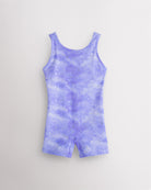 Cloudburst Purple girls gymnastics unitard with built-in shorts, sleeveless tank design, round neckline, and playful in-house print.