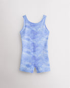 Cloudburst Purple girls gymnastics unitard laid flat with sleeveless tank style, round neckline, racerback, and built-in shorts.
