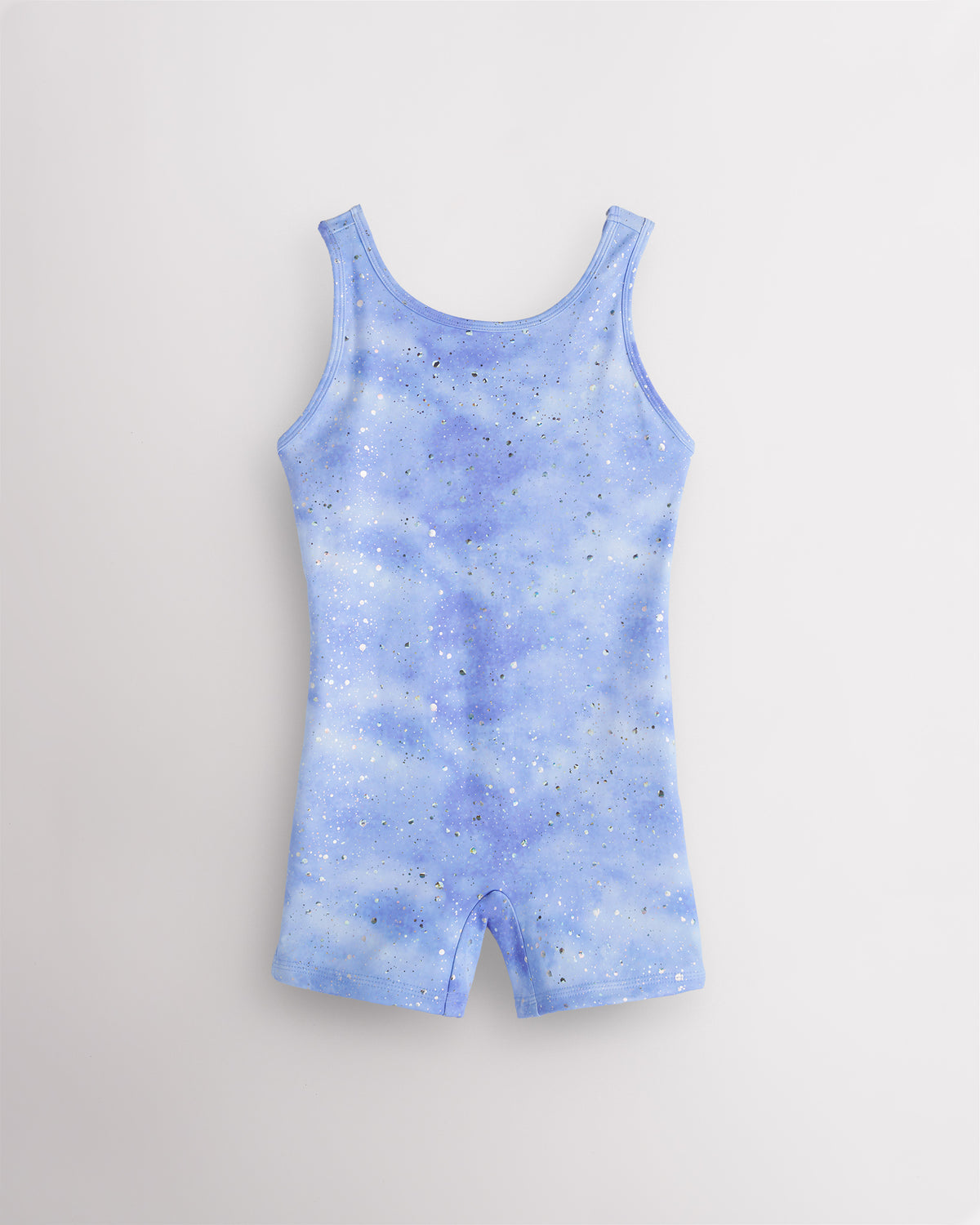 Cloudburst Purple girls gymnastics unitard laid flat with sleeveless tank style, round neckline, racerback, and built-in shorts.