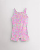 Color Swirl girls gymnastics unitard with built-in shorts, sleeveless tank design, round neckline, and playful in-house print.