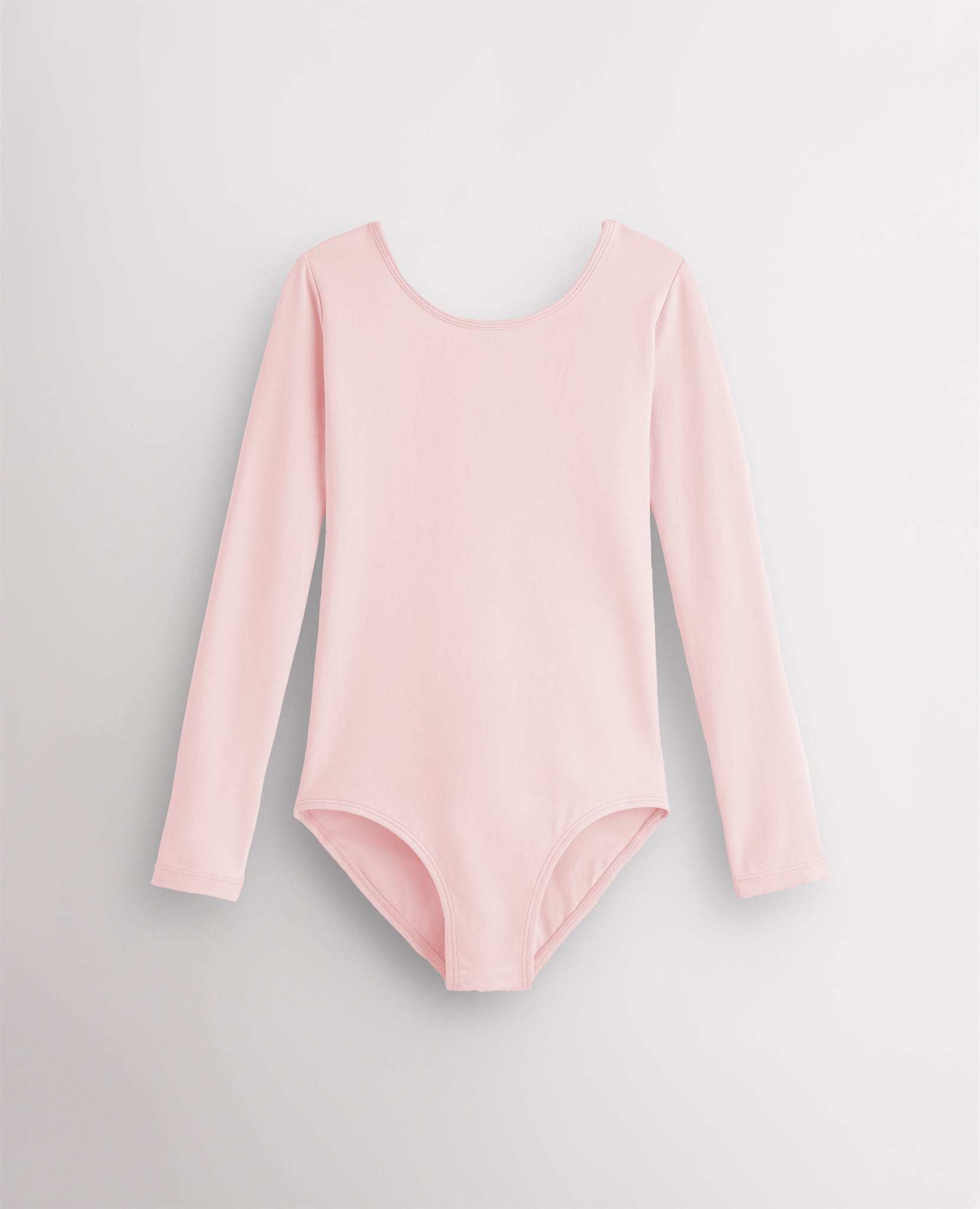 Ballet Pink girls long sleeve cotton leotard with round neckline, fitted silhouette, and front lining for ballet and dance.