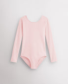 Ballet Pink girls long sleeve cotton leotard with round neckline, fitted silhouette, and front lining for ballet and dance.