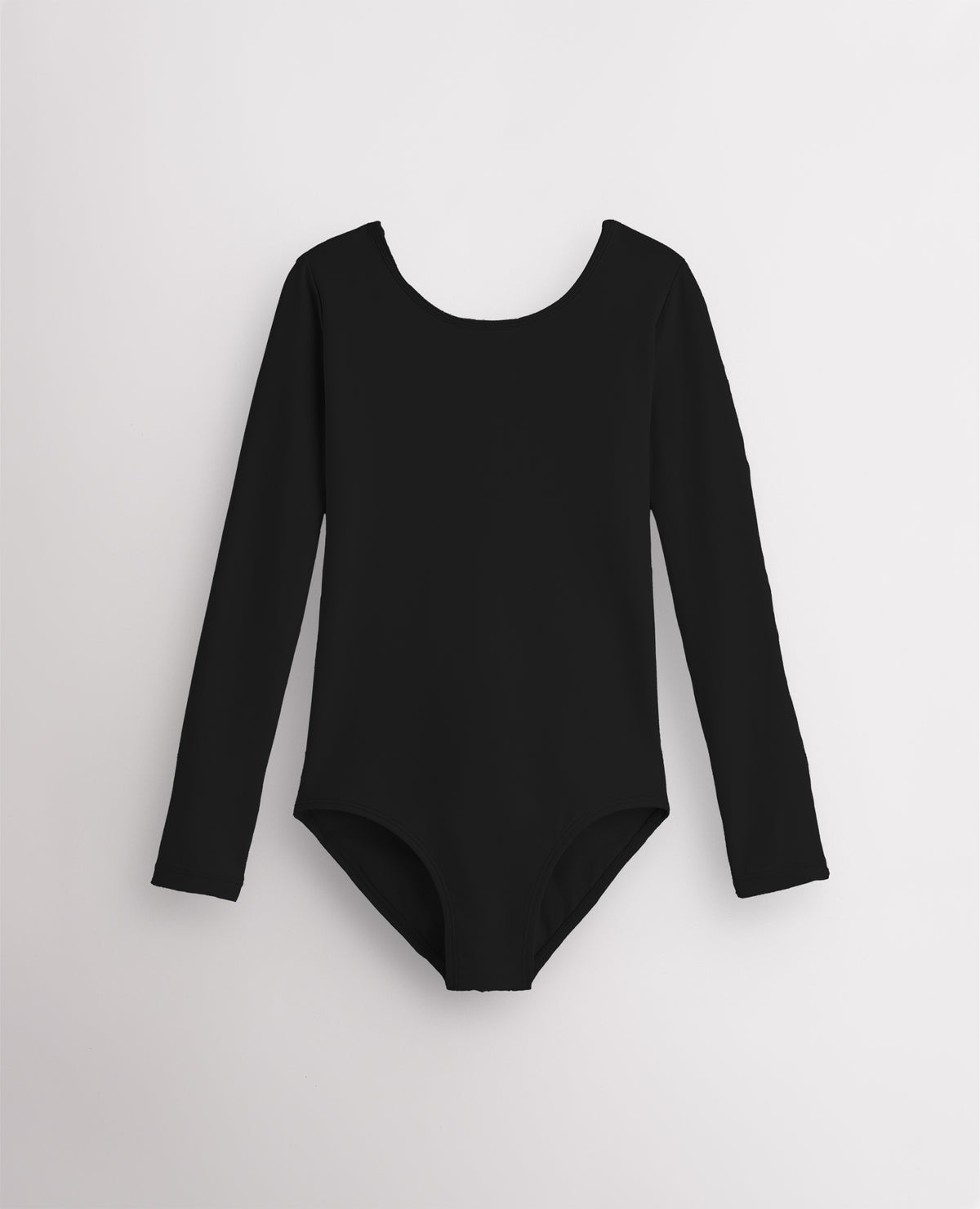 Black girls long sleeve cotton leotard with round neckline, fitted silhouette, and front lining for ballet and dance.