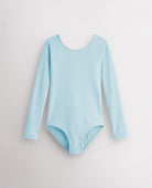 Blue girls long sleeve cotton leotard with round neckline, fitted silhouette, and front lining for ballet and dance.