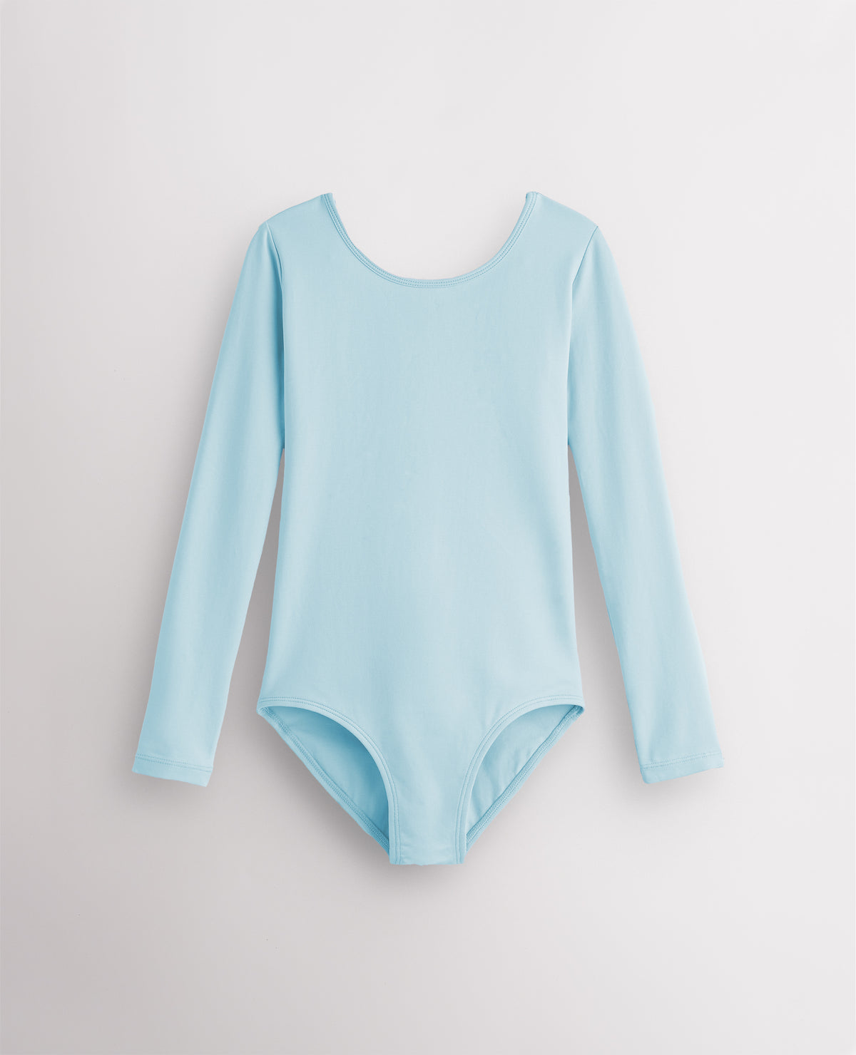 Blue girls long sleeve cotton leotard with round neckline, fitted silhouette, and front lining for ballet and dance.