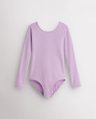 Lavender girls long sleeve cotton leotard with round neckline, fitted silhouette, and front lining for ballet and dance.