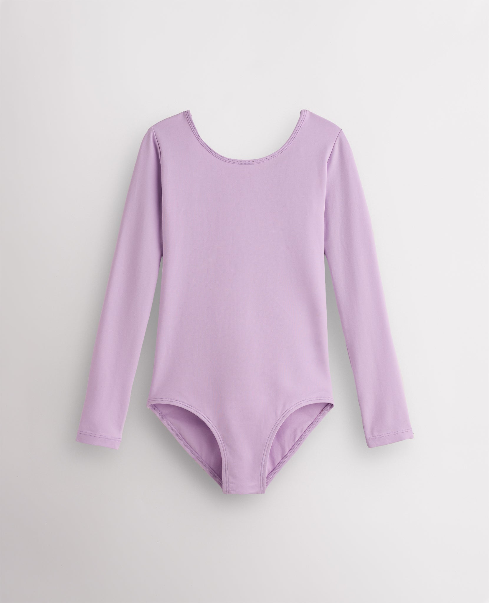 Lavender girls long sleeve cotton leotard with round neckline, fitted silhouette, and front lining for ballet and dance.