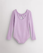 Back view of lavender long sleeve leotard for girls with twist-back bow detail and soft cotton fabric.
