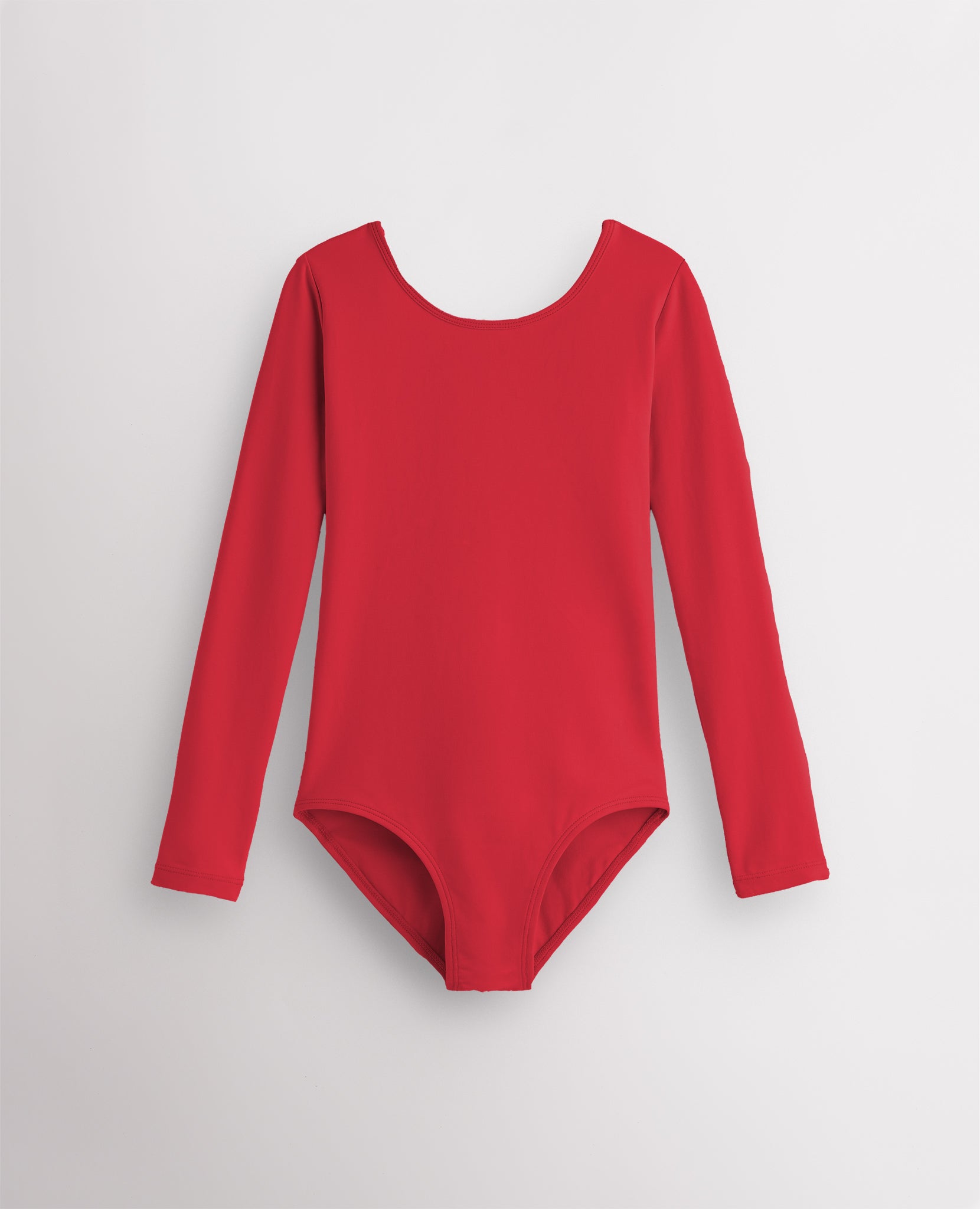 Red girls long sleeve cotton leotard with round neckline, fitted silhouette, and front lining for ballet and dance.