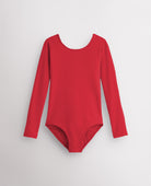 Red girls long sleeve cotton leotard with round neckline, fitted silhouette, and front lining for ballet and dance.