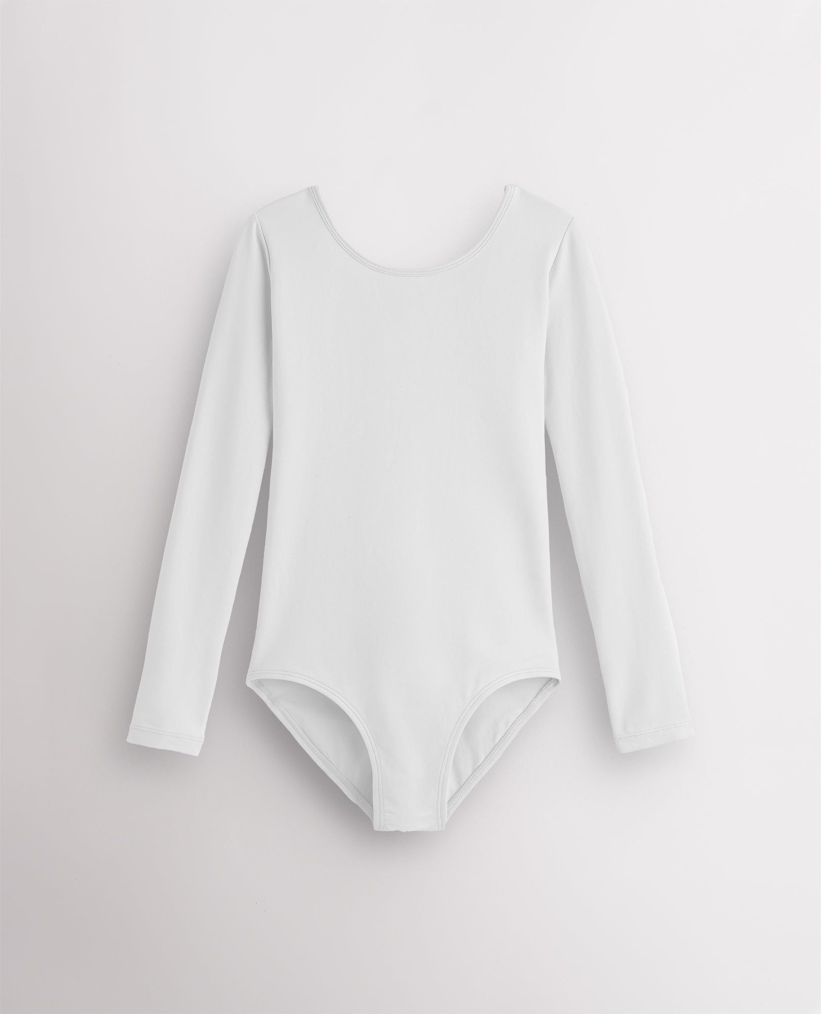 White girls long sleeve cotton leotard with round neckline, fitted silhouette, and front lining for ballet and dance.