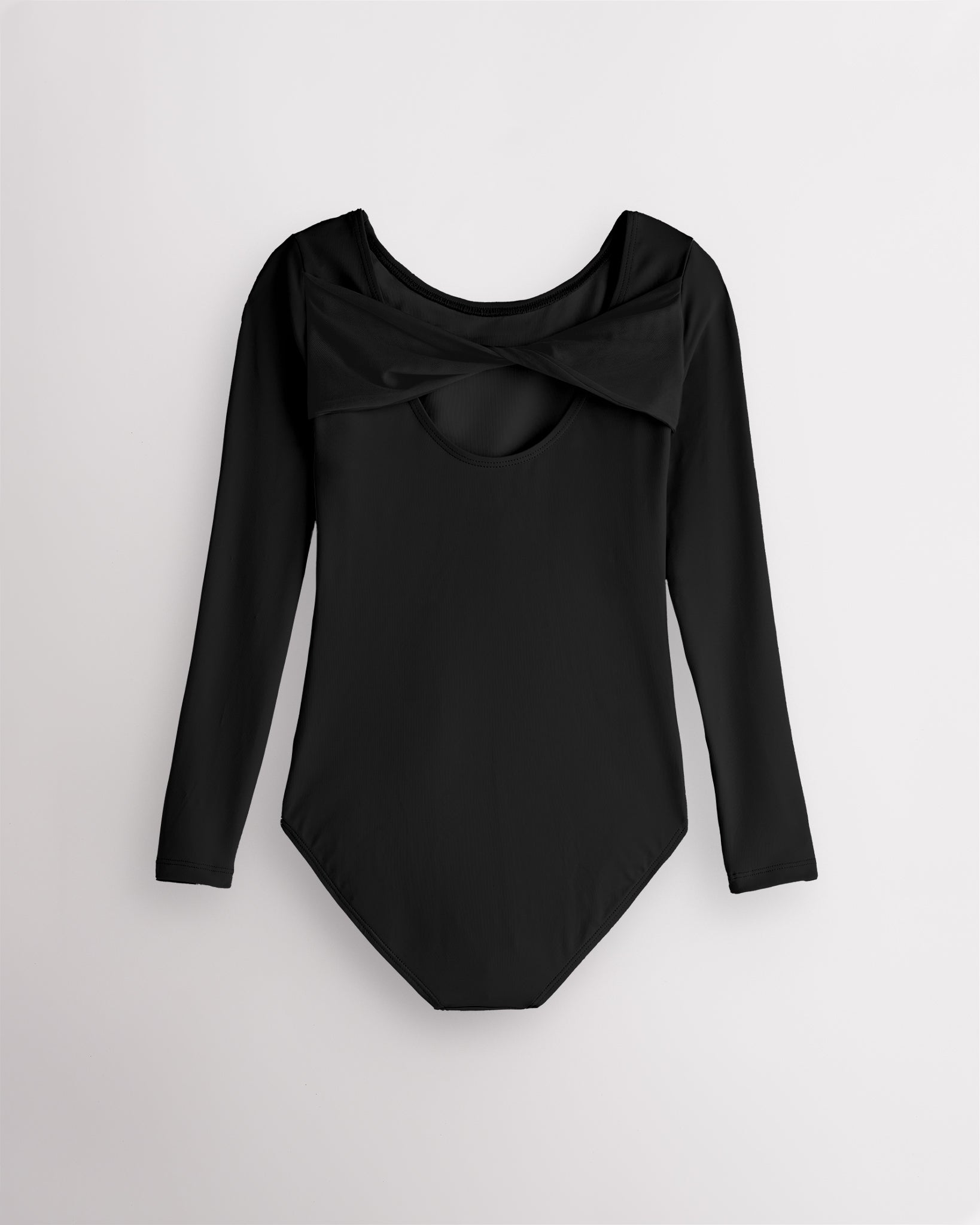 Back view of Black dance leotard for girls laid flat with twisted mesh detail and scoop-back opening.